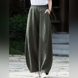 lximo Linen Blend Barrel Wide Leg Pants Olive Green Women’s Size Small Boho Chic
